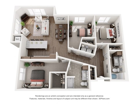Floor plan for 3 beds, 2 baths, 1337 sqft